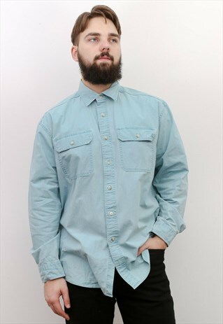 VINTAGE MEN'S L BUTTON UP LIGHT BLUE LONG SLEEVE OXFORD TEE