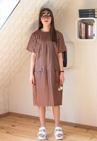 Brown stripe short sleeve silky dress