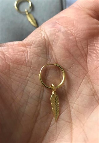 GOLD PLATED FEATHER HOOP EARRING FOR MEN 925 STERLING SILVER