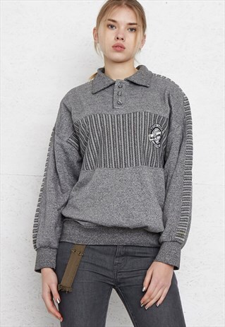 VINTAGE GREY LONG SLEEVE POLO SHIRT TOP