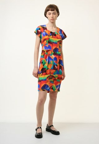 80S VINTAGE CRAZY ABSTRACT PRINT DRESS SIZE SMALL 3952