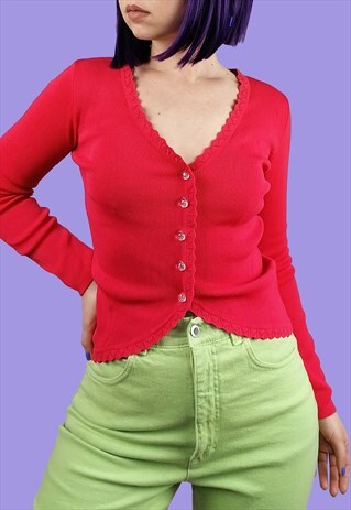 VINTAGE 90'S CARDIGAN KNIT BLOUSE SCALLOP TRIM HOT PINK