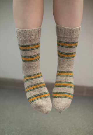 BROWN STRIPED HANDMADE KNITTED WOOL SOCKS