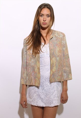 VINTAGE 1980'S 80'S PASTEL FLORAL TAPESTRY WOVEN JACKET L-XL