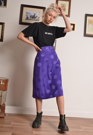 VINTAGE 80S POLKA DOT MIDI SKIRT IN PURPLE
