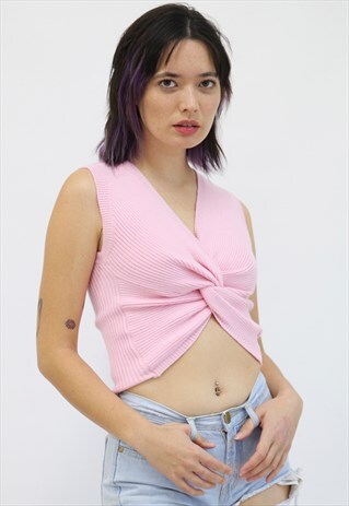 AYLEEN TWISTED KNIT CROPED TANK IN PINK