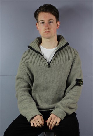 VINTAGE STONE ISLAND 1/4 ZIP SWEATSHIRT IN KHAKI GREEN WITH
