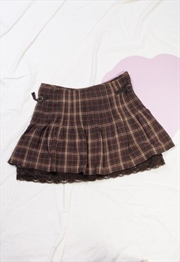 Vintage Skirt Y2K Frilly Grunge Preppy Plaid Mini in Brown