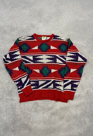 VINTAGE KNITTED JUMPER ABSTRACT PATTERNED GRANDAD SWEATER