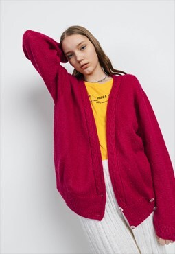 Vintage Relaxed Fit Deep V-Neck Women Cardigan in Purple M