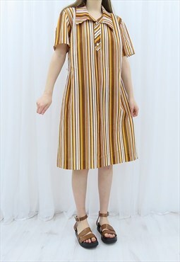 70s Vintage Multicoloured Striped Shift Collared Dress