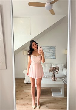 Reworked beautiful mini dress in pink with white pearls line