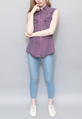 VINTAGE 1990'S BUTTON FRONT PINK WASH DENIM TOP