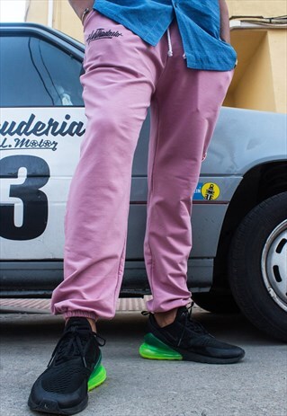 HANDMADE JOGGERS PANTS IN PINK WITH RESPECT EMBROIDERY
