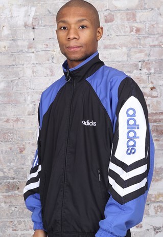 VINTAGE ADIDAS LOGO THREE STRIPE TRACK JACKET BLACK BLUE