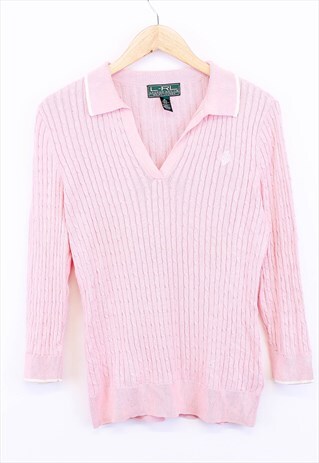 VINTAGE RALPH LAUREN JUMPER BABY PINK V NECK COLLARED 90S
