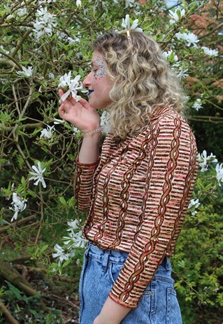 VINTAGE 70S BROWN PINK SPIRAL PRINT FESTIVAL SHIRT