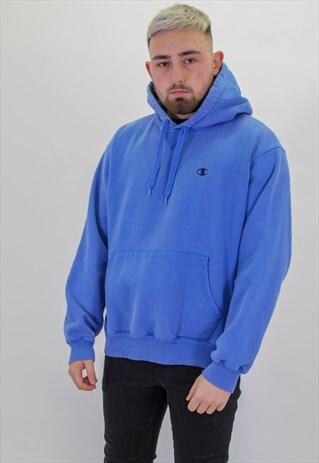 VINTAGE CHAMPION SMALL LOGO HOODIE IN BLUE MEDIUM