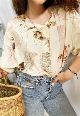 VINTAGE 80S BOTANICA FLORAL PRINT BOHEME BLOUSE TOP