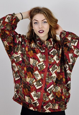 VINTAGE SILK HORSE PRINT BOMBER SHELL JACKET