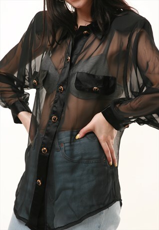 80S VINTAGE BLACK SEXY BLOUSE PADDED SHOULDERS 568