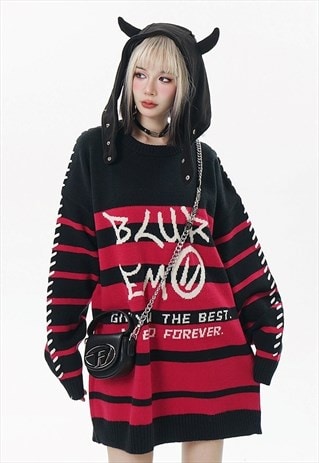 Striped sweater EMO slogan jumper Gothic punk top in black