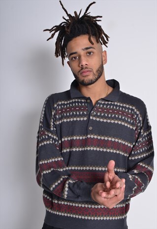 VINTAGE COLLARED CRAZY PATTERNED JUMPER GREY