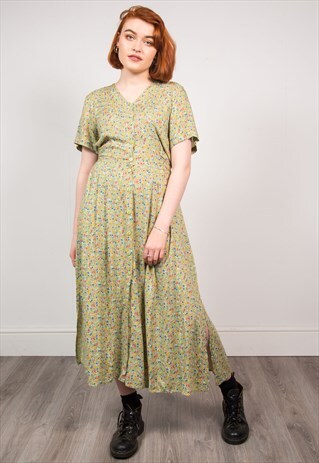 VINTAGE 90'S GREEN FLORAL MIDI DRESS