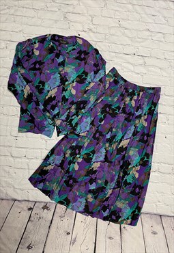 Vintage 80's Patterned Co Ord Shirt & Skirt Set Size 14