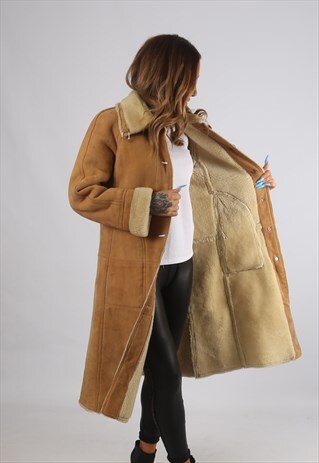 VINTAGE SHEEPSKIN SUEDE SHEARLING COAT LONG UK 8 XS (94L)