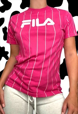 Vintage Y2K 90's/00's FILA Hot Pink Stripe Print T-Shirt