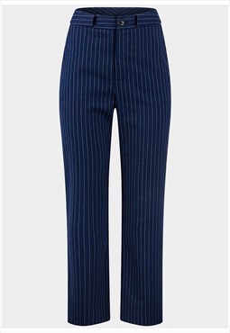 Navy Blue With Striped High Waist Trouser Straight Pants