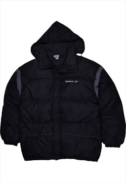 Vintage 90's Reebok Puffer Jacket Hoodie Full Zip Up Black