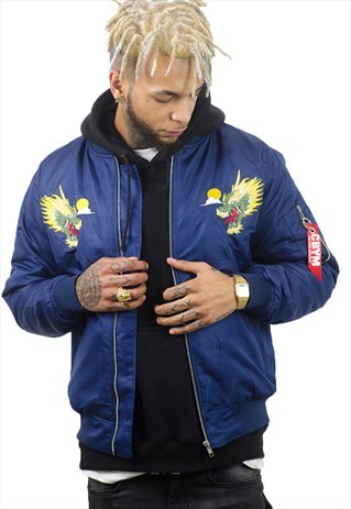 SOUVENIR BLUE BOMBER JACKET WITH DRAGON EMBROIDERY