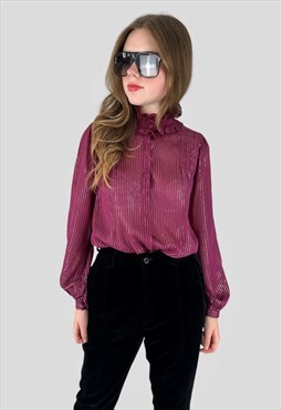 70's Vintage Purple Gold Lurex Long Sleeve Ruffle Blouse