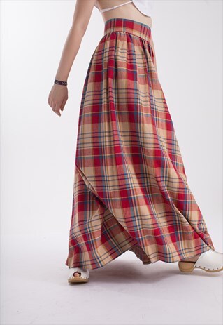 HIGH WAISTED PLAID VINTAGE LONG SKIRT