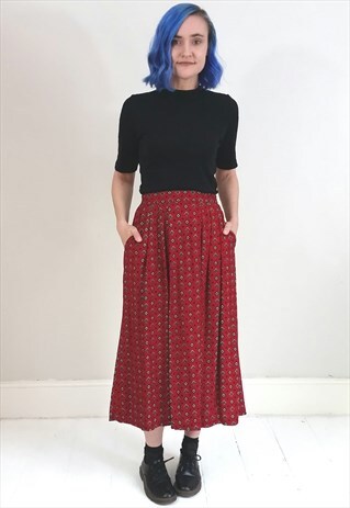 VINTAGE 90'S DEEP RED PATTERNED MIDI SKIRT WITH POCKETS