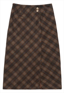 Plaid maxi skirt woolen checked skirt in brown orange