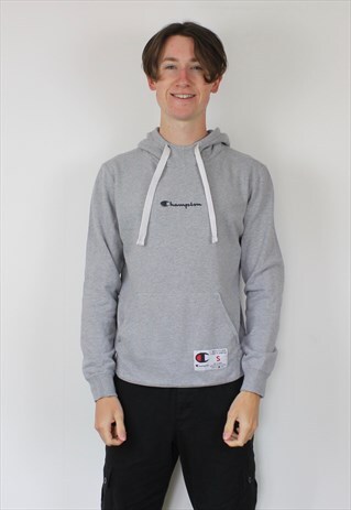 VINTAGE CHAMPION HOODIE IN GREY WITH RUBBER PATCH LOGO
