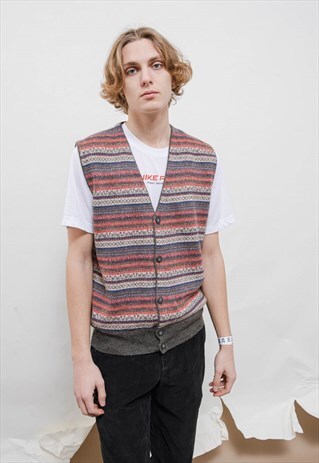 VINTAGE 80S AZTEC MULTICOLOR STRIPED V NECK KNIT VEST UNISEX