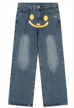 Emoji jeans smile print denim pants bleached joggers in blue