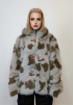 Faux fur leopard jacket animal print fluffy duffle coat grey