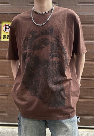 Brown Washed Graphic Cotton oversized T shirt tee