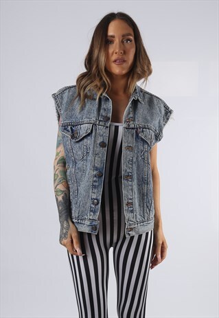 VINTAGE DENIM WAISTCOAT JACKET OVERSIZED FITTED 12 14 (HDAA)