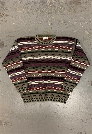 VINTAGE ABSTRACT KNITTED JUMPER 3D PATTERNED GRANDAD KNIT