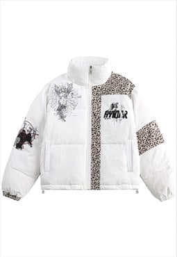 Leopard print bomber jacket padded leopard grunge coat white