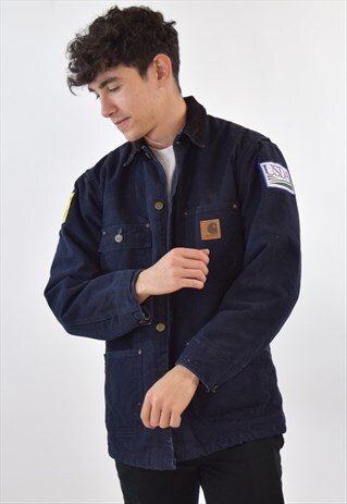 VINTAGE 90S NAVY BLUE CARHARTT COLLARED WORK JACKET