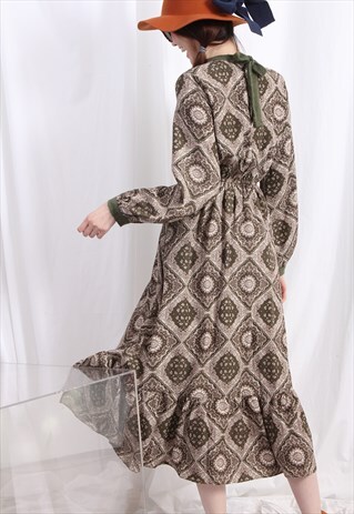 (KOREAN) VINTAGE STYLE PAISLEY PATTERN DRESS OLIVE GREEN