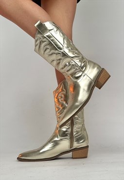 Gold Metallic Embroidered Western Cowboy Boots
