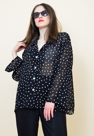 VINTAGE 90S SHEER BLACK AND WHITE POLKA DOT SHIRT